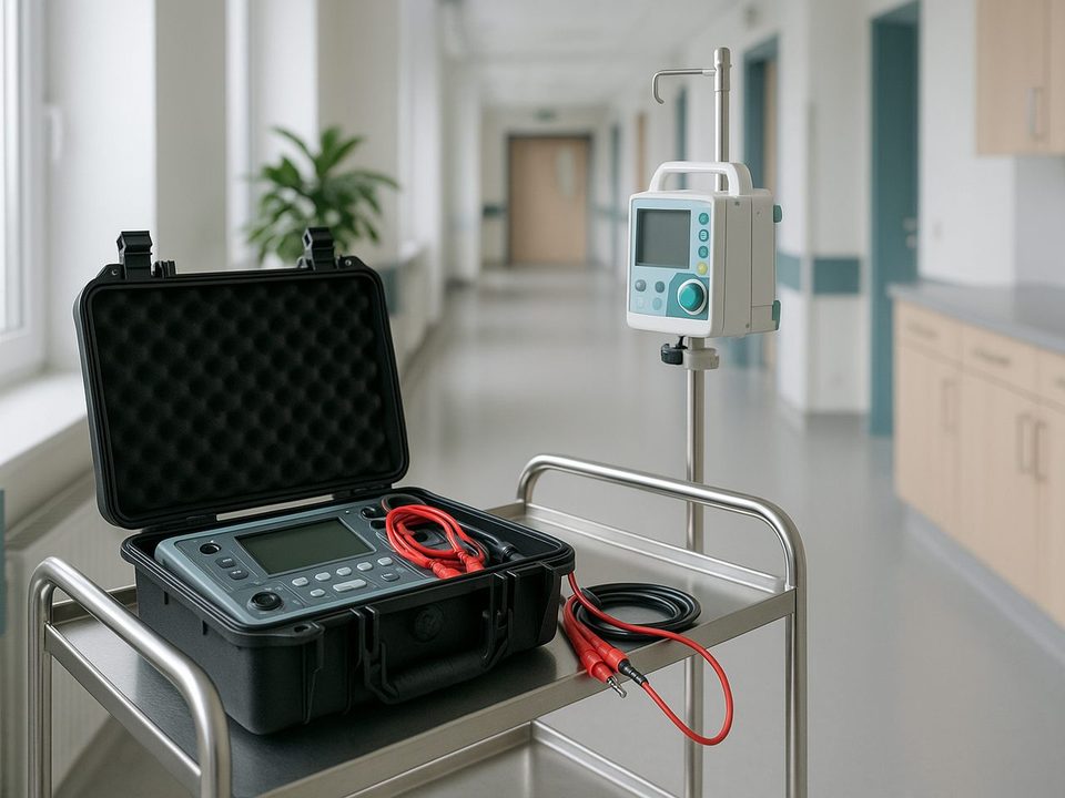 Otwarta walizka technika z analizatorem bezpieczeństwa elektrycznego na wózku, obok pompa infuzyjna na stojaku na korytarzu szpitala